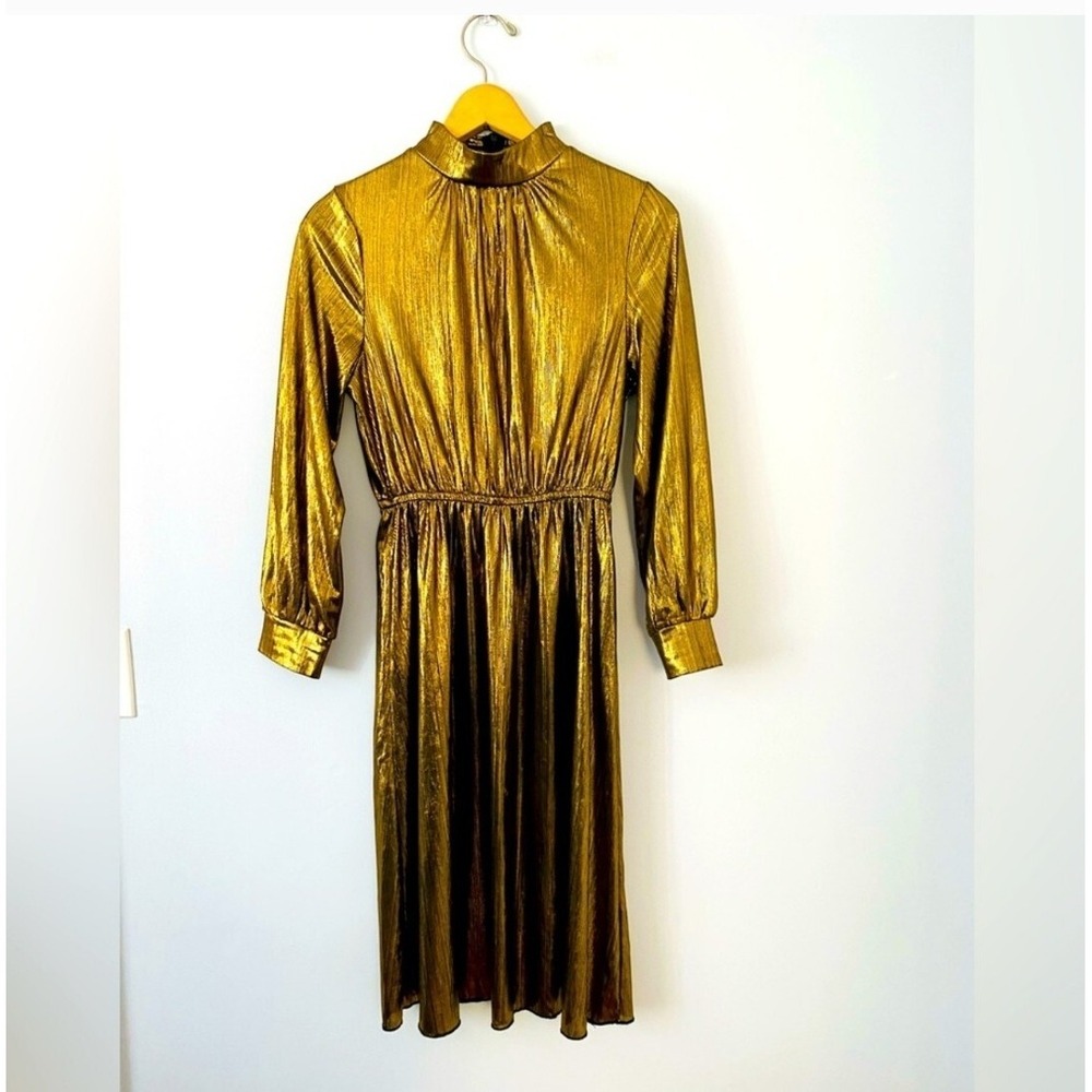 Shein Gold Metallic Long Sleeve Dress, Size M, Gold Lame Party Dress, Mob Wife